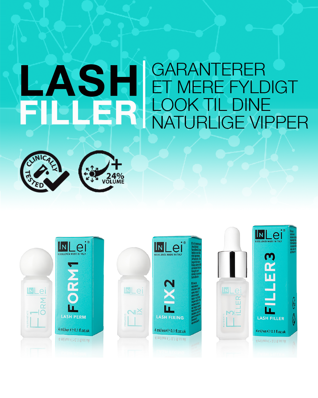 Lash filler og lash lift produkter i små flasker fra InLei