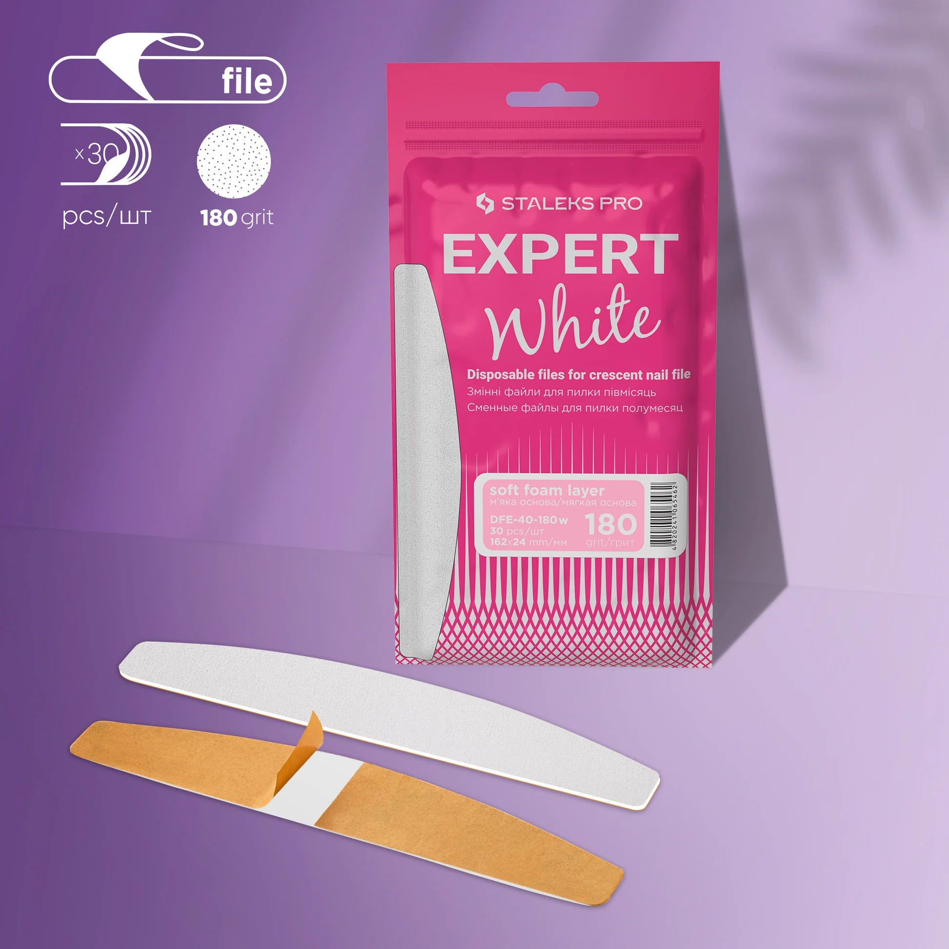 40 Adhesive nail files for crescent base on a soft foam layer, 180 grit (30 pcs)-STALEKS-NR Kosmetik